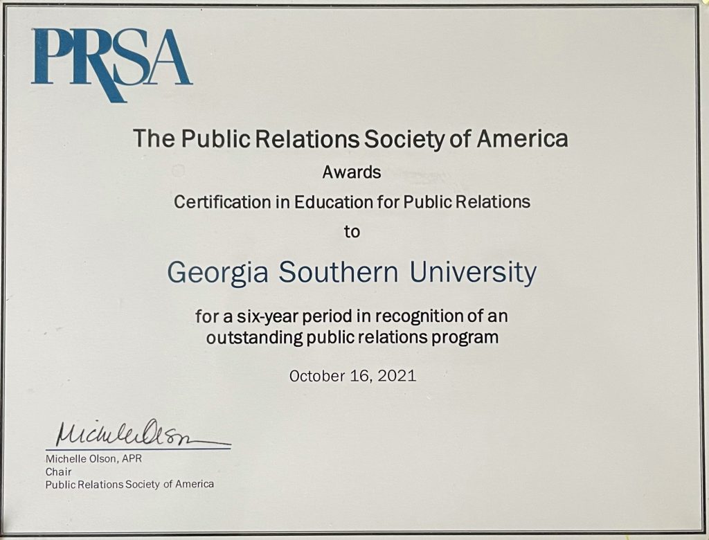 Public Relations Society of American awards Certification in Education for Public Relations to Georgia Southern University
