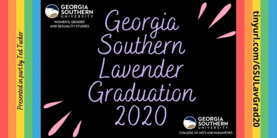 Georgia Southern Lavender Graduation 2020  - decorated with a rainbow colored ribbon on both sides.