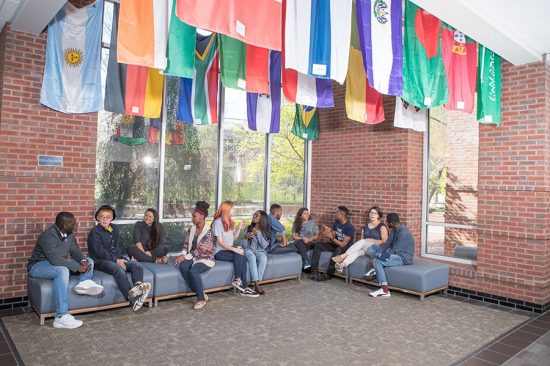 group of students in college of business building